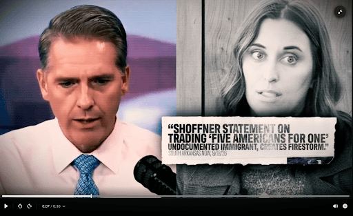Still from the Cotton campaign ad “Five for One”: a split screen of a man speaking into a microphone beside Hallie Shoffner, over a torn newspaper headline reading “Shoffner statement on trading ‘five Americans for one’ undocumented immigrant, creates firestorm,” credited to South Arkansas Now.