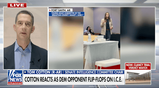Fox News America’s Newsroom clip of Senator Tom Cotton (R-AR), Senate Intelligence Committee Chair, beside footage of Hallie Shoffner speaking to the Young Adult Committee of the Sebastian County NAACP in Fort Smith, AR on June 7, under the banner “Cotton reacts as Dem opponent flip-flops on I.C.E.”