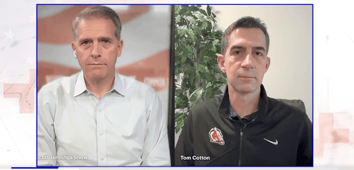 Split-screen video interview with host Scott Jennings of The Scott Jennings Show at left and Senator Tom Cotton at right.